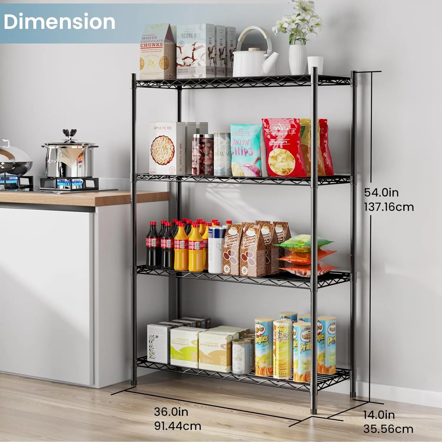 Whitmor 4 Tier Shelving Unit, Metal Storage Shelves, Adjustable Heavy Duty Shelf with Wheels , 400 lbs Capacity per Shelf, 1600 lbs Total for Home, Garage, Workshop, 36"L x 14"W x 54"H, Black