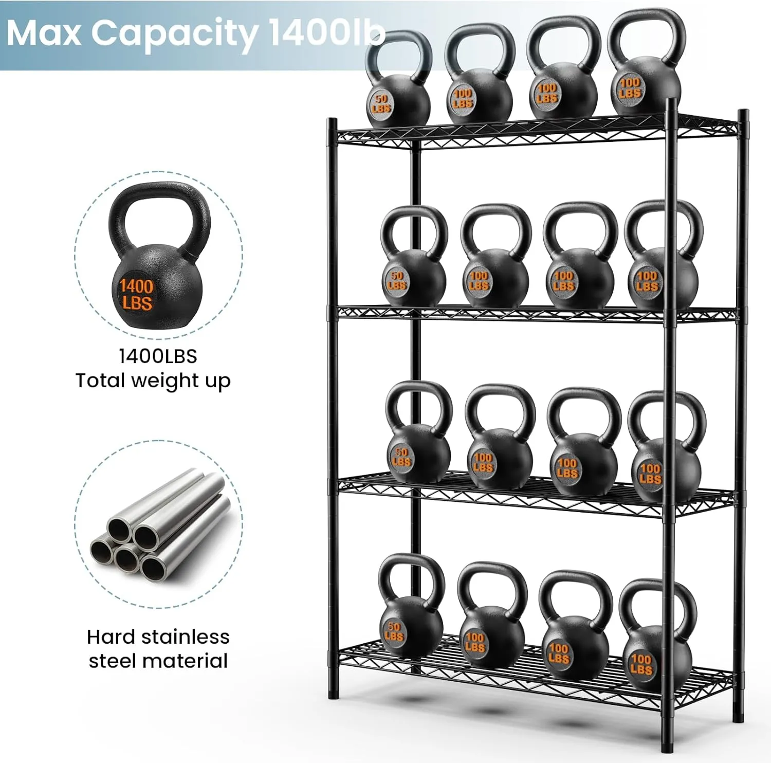 Whitmor 4 Tier Shelving Unit, Metal Storage Shelves, Adjustable Heavy Duty Shelf with Wheels , 400 lbs Capacity per Shelf, 1600 lbs Total for Home, Garage, Workshop, 36"L x 14"W x 54"H, Black