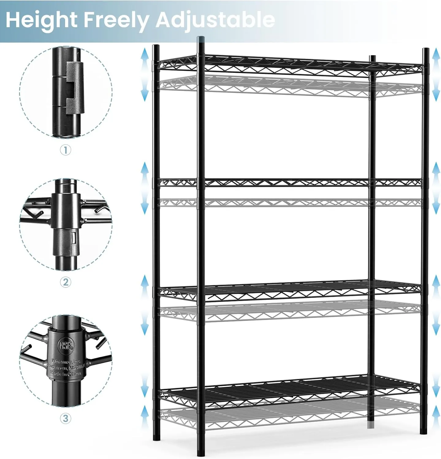 Whitmor 4 Tier Shelving Unit, Metal Storage Shelves, Adjustable Heavy Duty Shelf with Wheels , 400 lbs Capacity per Shelf, 1600 lbs Total for Home, Garage, Workshop, 36"L x 14"W x 54"H, Black