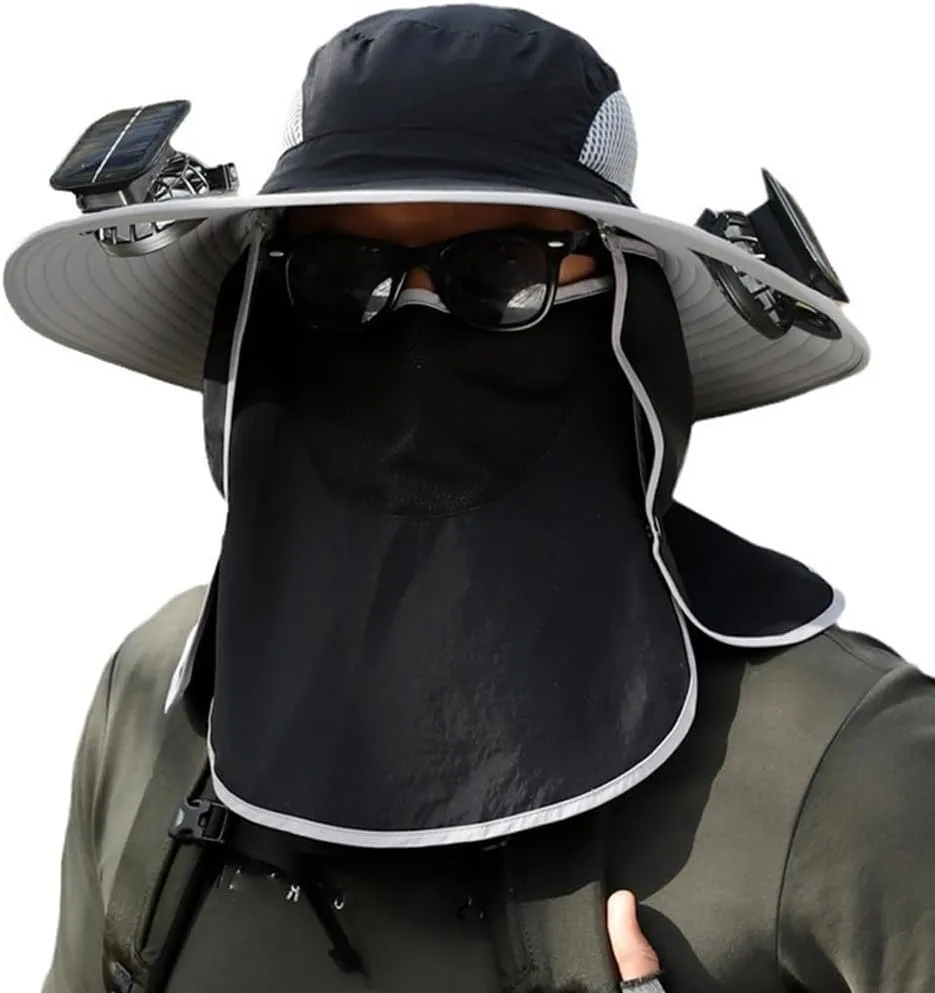 Wide Brim Solar Fan Hat Outdoor Fishing Hats Solar & USB Charging, 2025 Solar Powered Fan Hat with Mask Sun Hats for Men