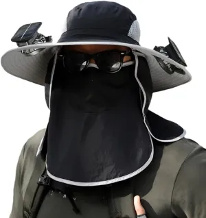 Wide Brim Solar Fan Hat Outdoor Fishing Hats Solar & USB Charging, 2025 Solar Powered Fan Hat with Mask Sun Hats for Men