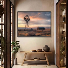 Windmill Pictures Wall Decor, Barn Canvas Wall Art, Farm Painting, Vintage Western Wall Art, Plains Landscape Painting, Rustic Farmhouse Pictures Wall Decor (Black Framed, 47"Wx35"H/120x90cm)