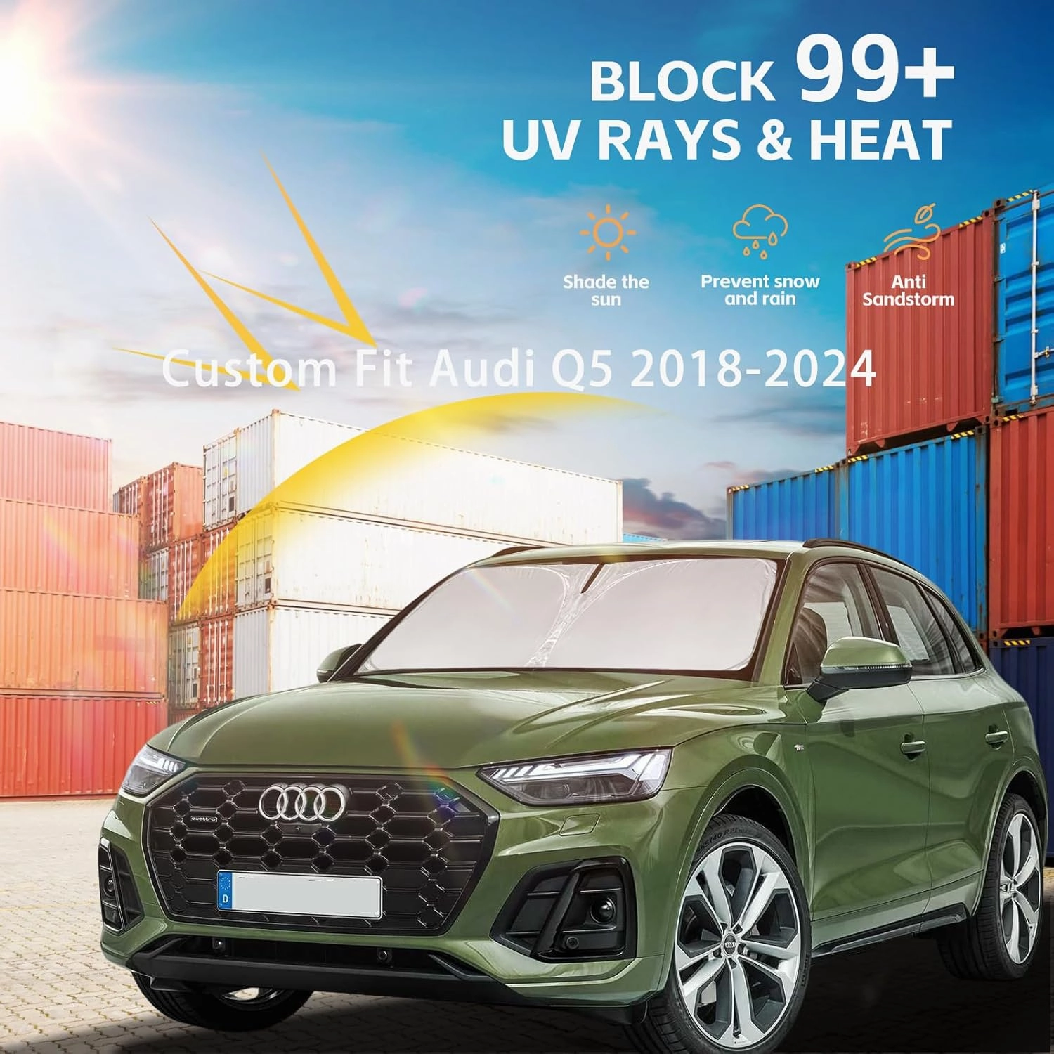 Windshield Sun Shade for Audi Q5 2018-2025 Double Layer 240T Front Window Shade Custom Fit Q5 SQ5 Premium, Premium Plus, Prestige Crossover SUV Sun Visor Foldable Shade Blocks UV Rays Accessories