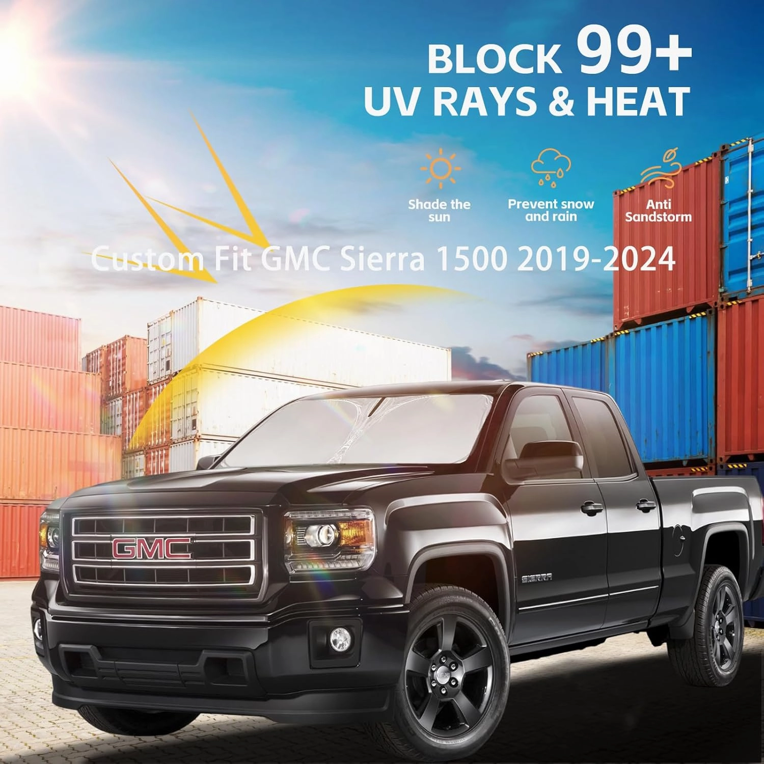 Windshield Sun Shade for GMC Sierra 1500 2500 3500 SLT AT4 Denali 2019-2025 Double Layer 240T Front Window Shade Custom Fit Sun Visor Foldable Shade Blocks UV Rays Summer Must Have Car Accessories