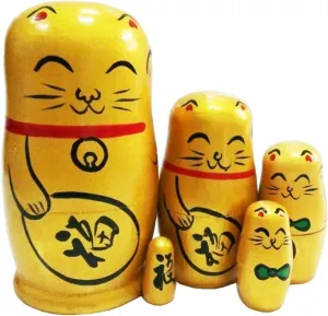 Winterworm Set of 5 Maneki Neko Lucky Cat Golden Wooden Traditional Russian Nesting Dolls Japanese Chinese Character Fu Handmade Christmas Birthday Gift for Kids Boys Girls Home Decoration