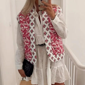 Women's Lightweight Floral Embroidered Bomber Jacket - Red & White