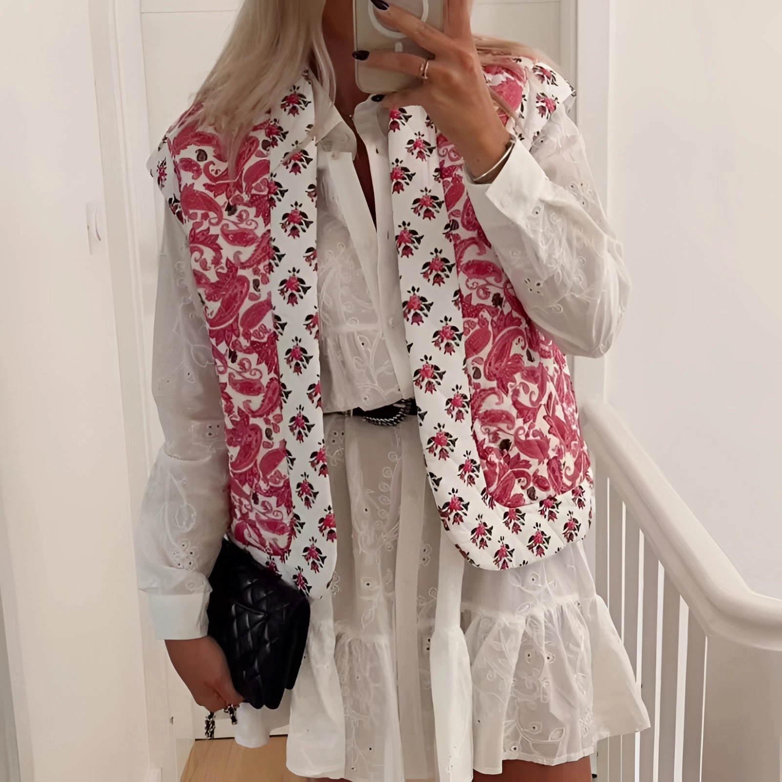 Women's Lightweight Floral Embroidered Bomber Jacket - Red & White