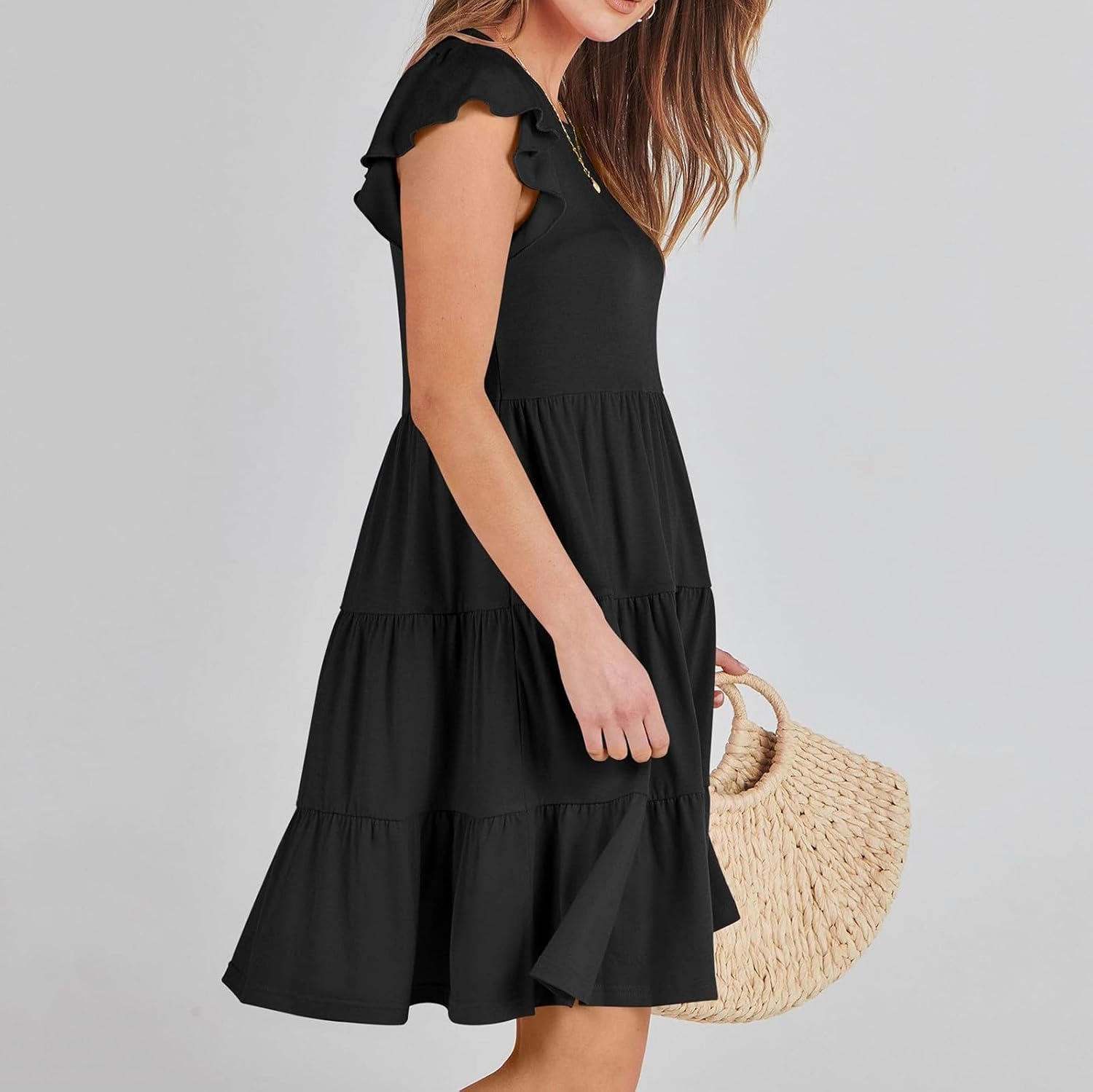 Women's Short Sleeve Casual Sundresses Simple Solid Color Summer Dresses Fit and Flare Beach Dress with Pockets