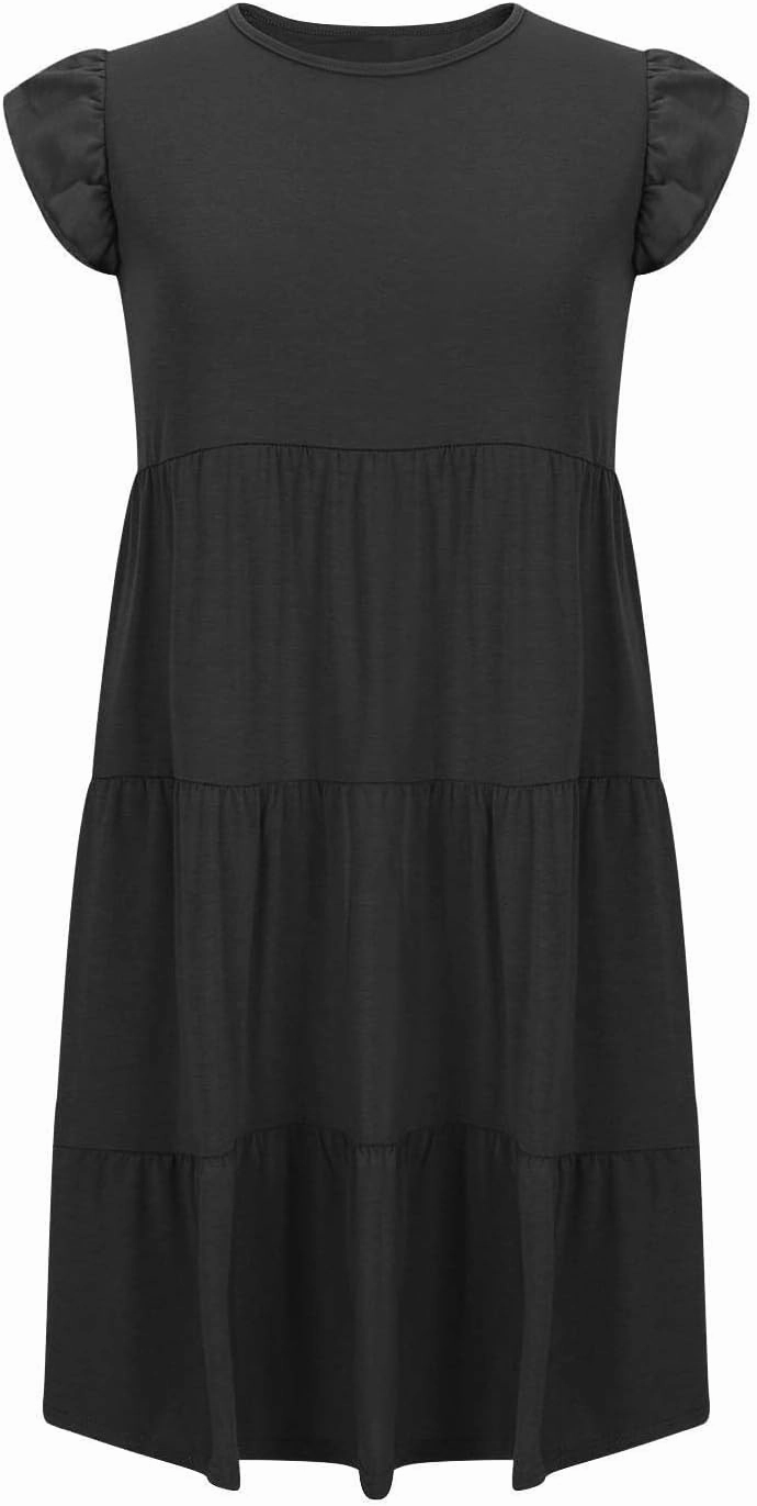 Women's Short Sleeve Casual Sundresses Simple Solid Color Summer Dresses Fit and Flare Beach Dress with Pockets