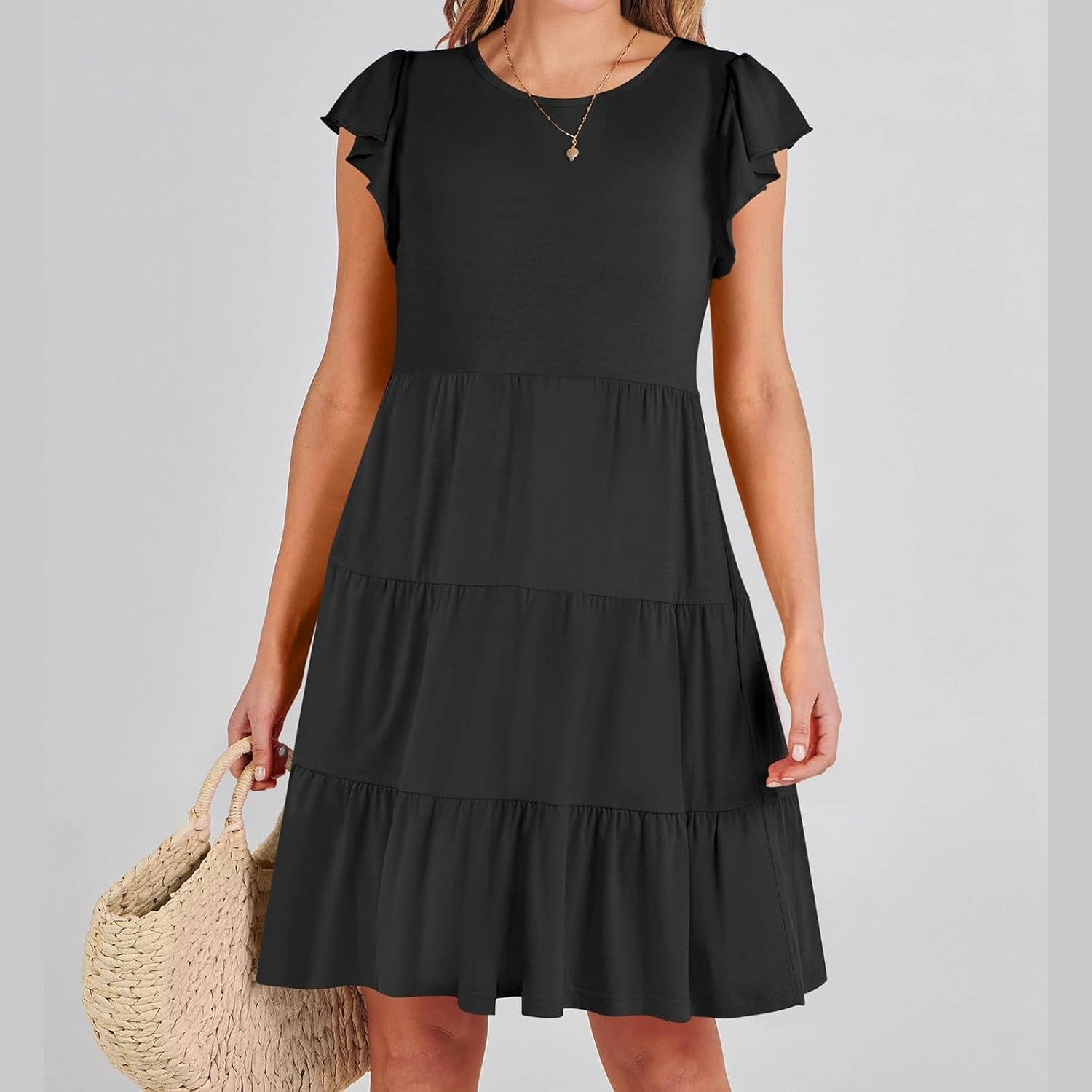 Women's Short Sleeve Casual Sundresses Simple Solid Color Summer Dresses Fit and Flare Beach Dress with Pockets