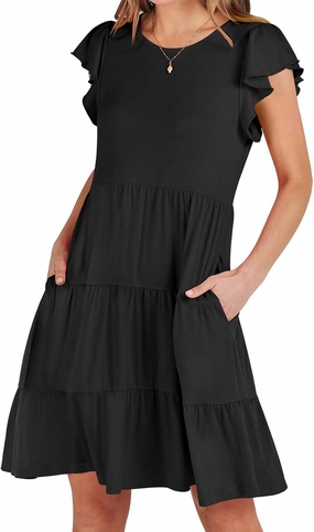 Women's Short Sleeve Casual Sundresses Simple Solid Color Summer Dresses Fit and Flare Beach Dress with Pockets