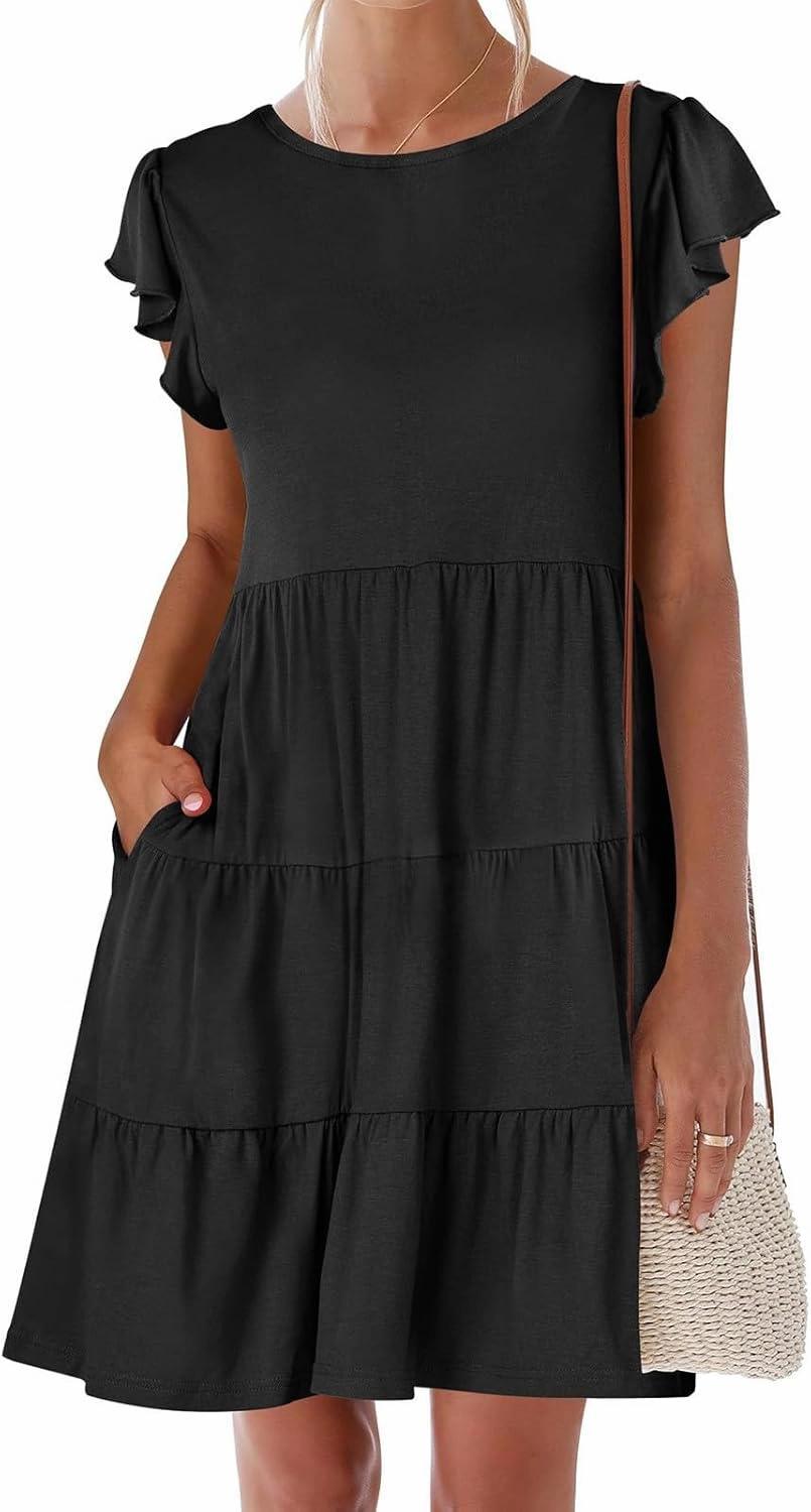 Women's Short Sleeve Casual Sundresses Simple Solid Color Summer Dresses Fit and Flare Beach Dress with Pockets