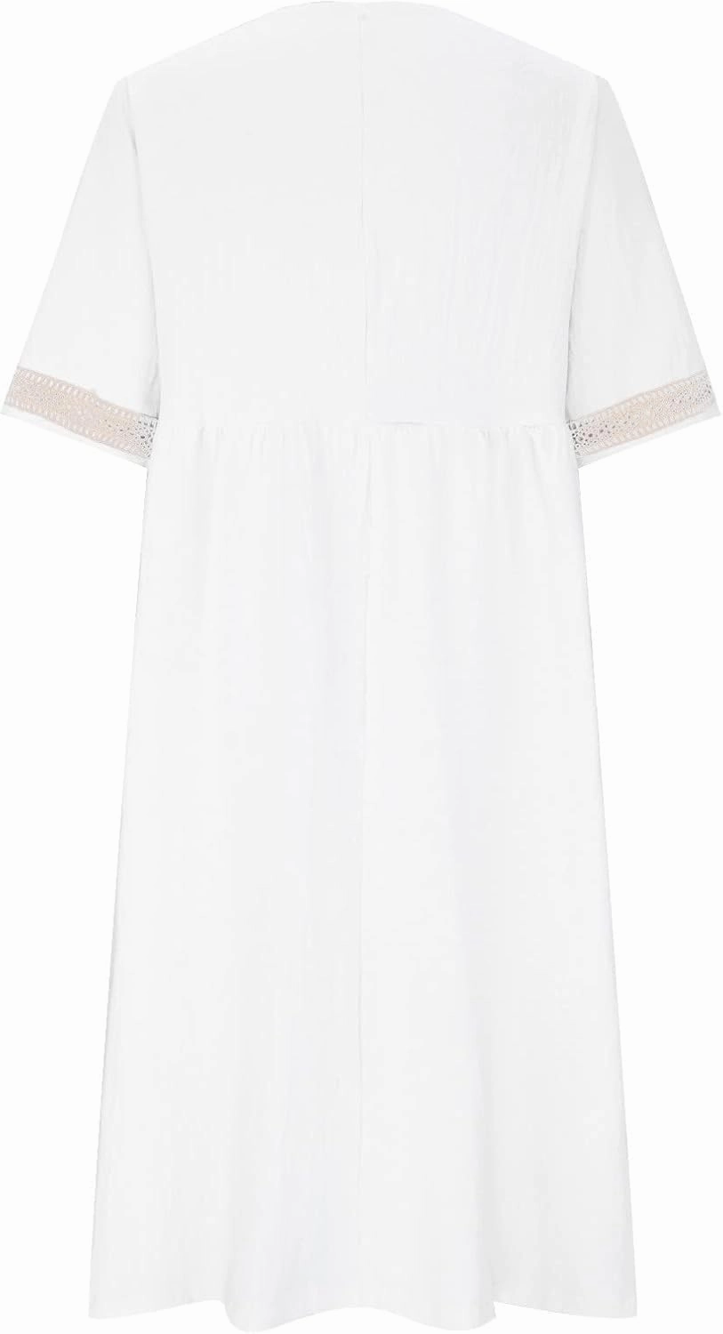 Women's Short Sleeve Lace Trim V Neck Midi Dress Simple Solid Color Long Dresses Loose Casual Sundress