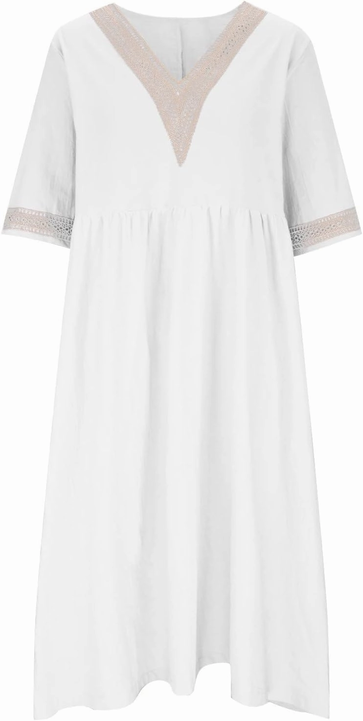 Women's Short Sleeve Lace Trim V Neck Midi Dress Simple Solid Color Long Dresses Loose Casual Sundress