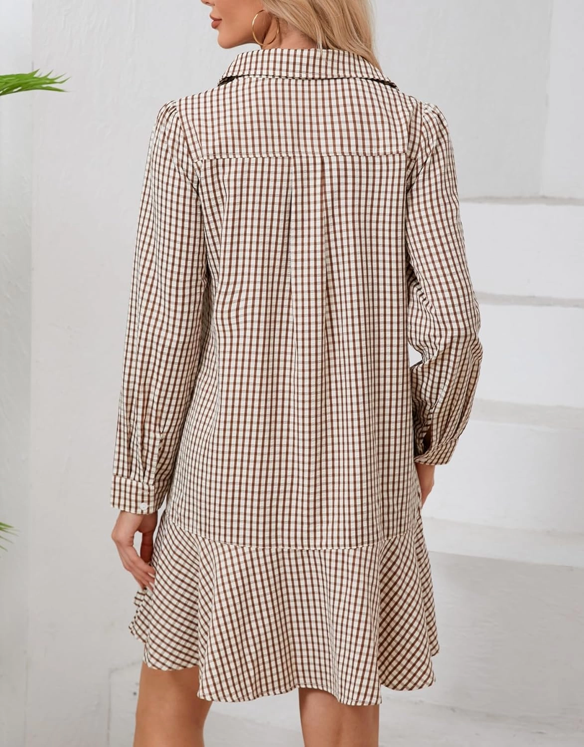 Women's Tunic Mini Shirt Dress Cotton Long Sleeve Ruffle Hem Dress Button Up Shift Chambray Dresses