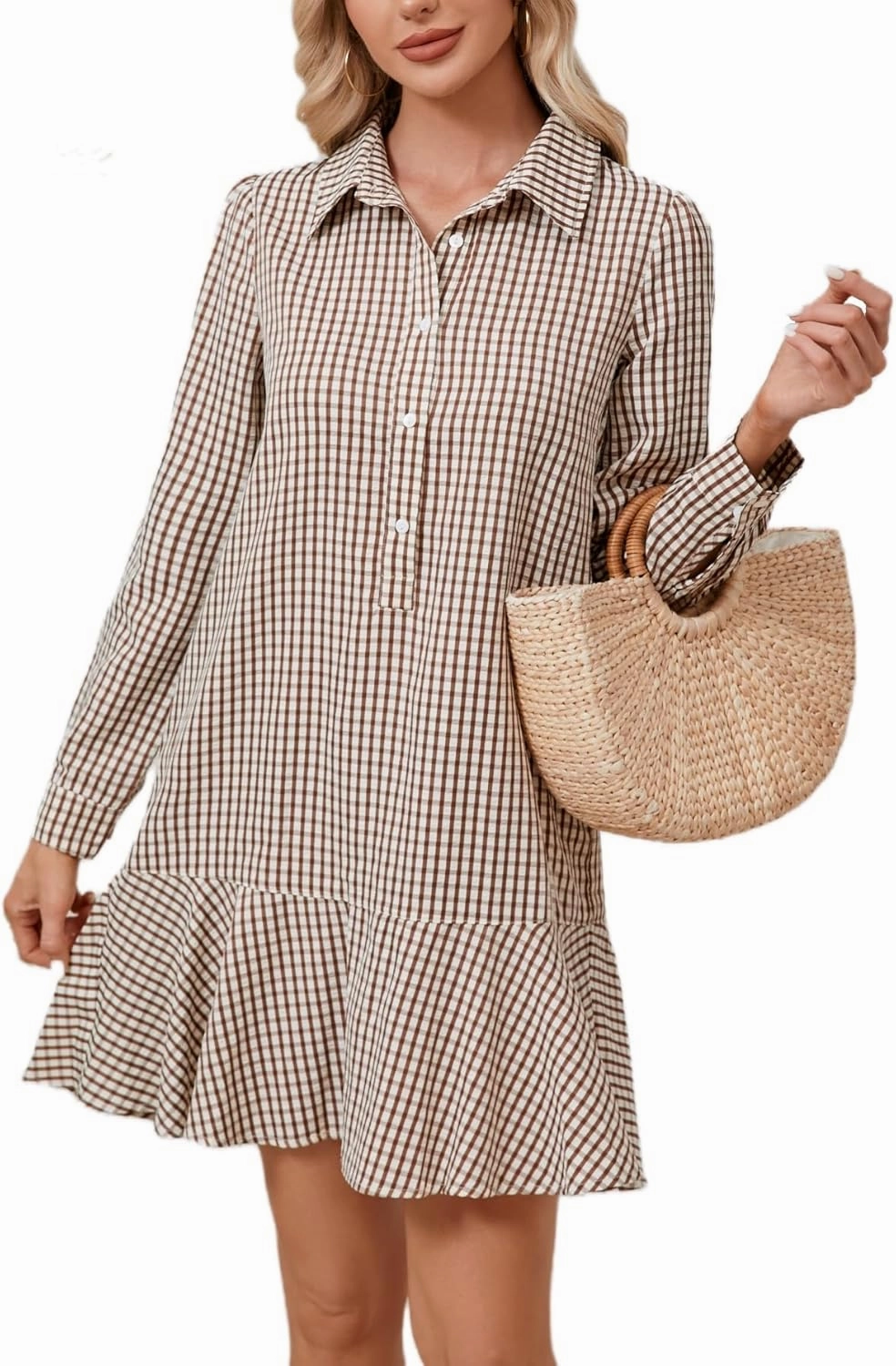 Women's Tunic Mini Shirt Dress Cotton Long Sleeve Ruffle Hem Dress Button Up Shift Chambray Dresses