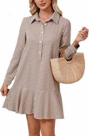 Women's Tunic Mini Shirt Dress Cotton Long Sleeve Ruffle Hem Dress Button Up Shift Chambray Dresses