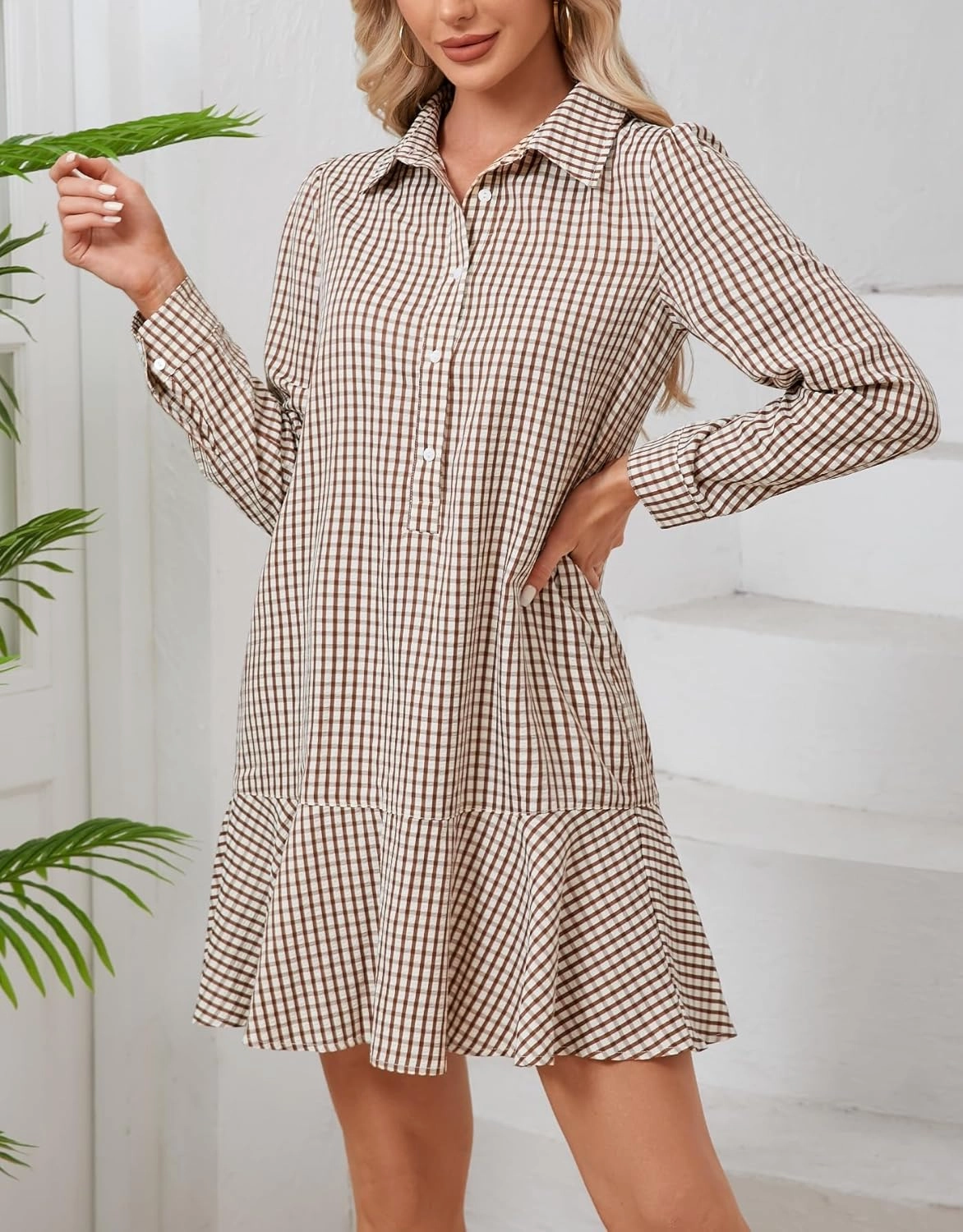 Women's Tunic Mini Shirt Dress Cotton Long Sleeve Ruffle Hem Dress Button Up Shift Chambray Dresses