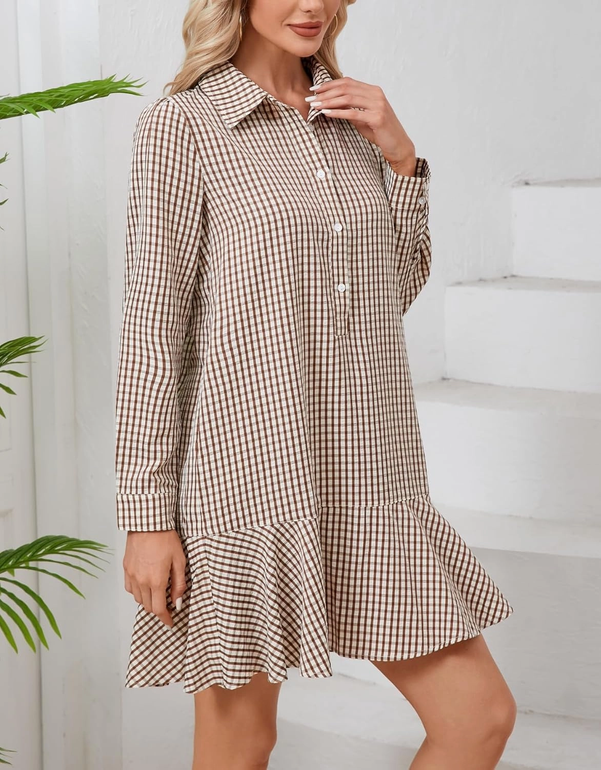 Women's Tunic Mini Shirt Dress Cotton Long Sleeve Ruffle Hem Dress Button Up Shift Chambray Dresses