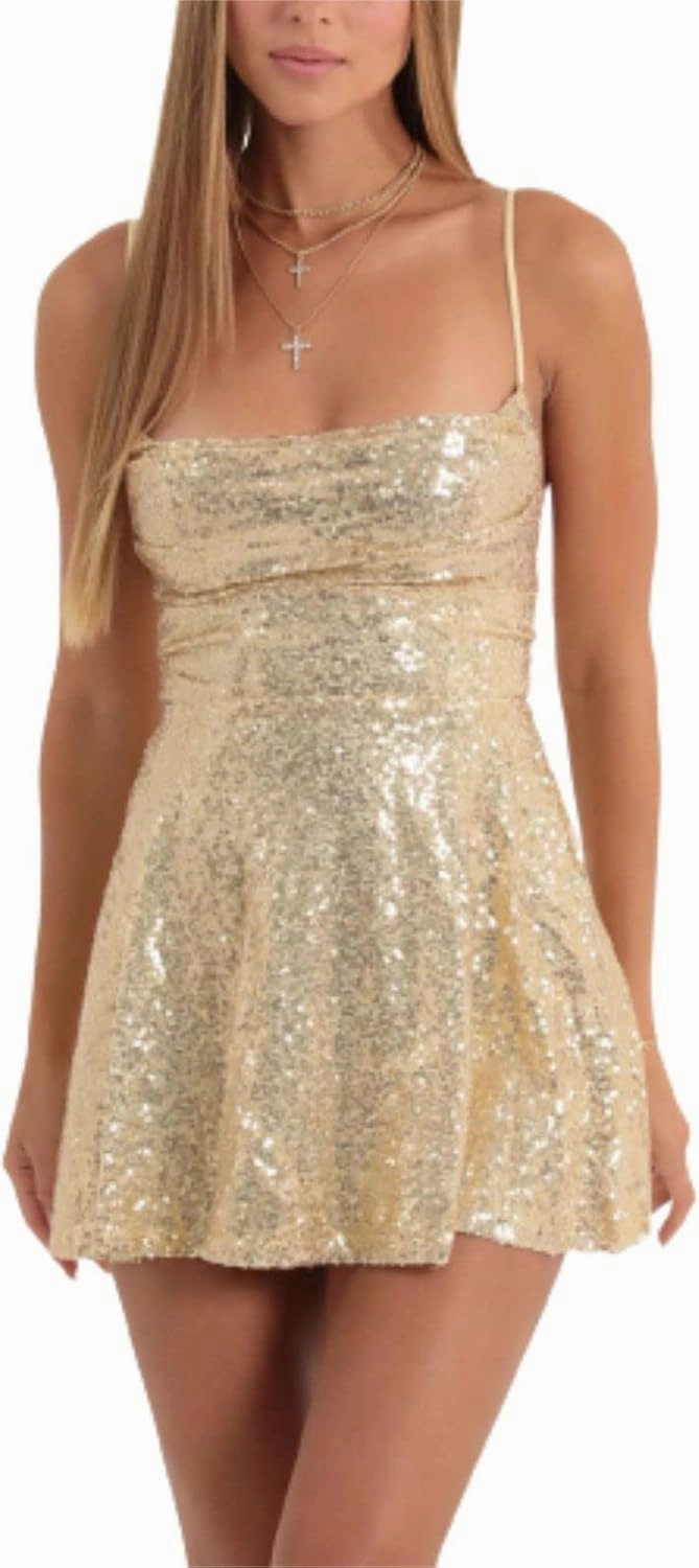 Women Sparkle Sequin Mini Dress Spaghetti Strap Backless Glitter Dress Low Cut Slim Fit Bodycon Dress Disco Party Clubwear