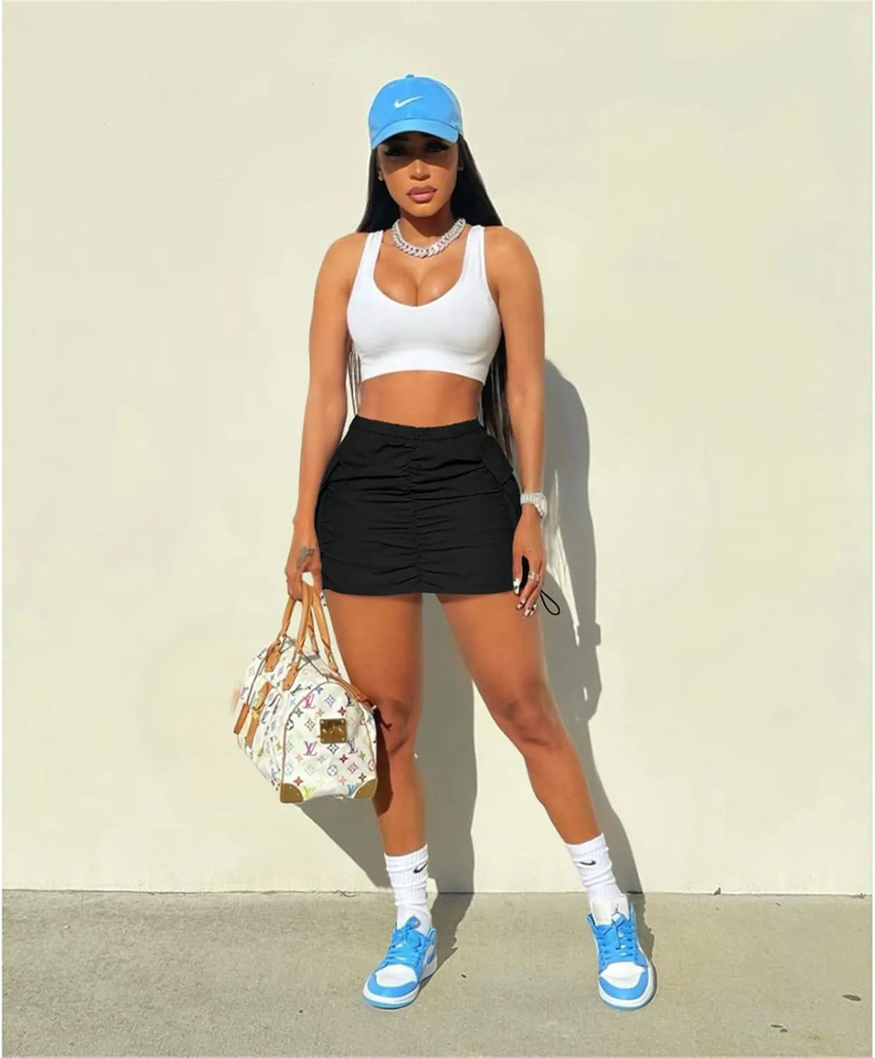 Womens Cargo Skirt Y2K - Casual Summer High Waisted Bodycon Pencil Ruched Mini Skirts Side Drawstring and Pockets