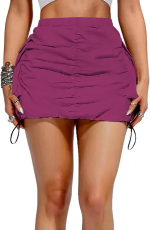 Womens Cargo Skirt Y2K - Casual Summer High Waisted Bodycon Pencil Ruched Mini Skirts Side Drawstring and Pockets
