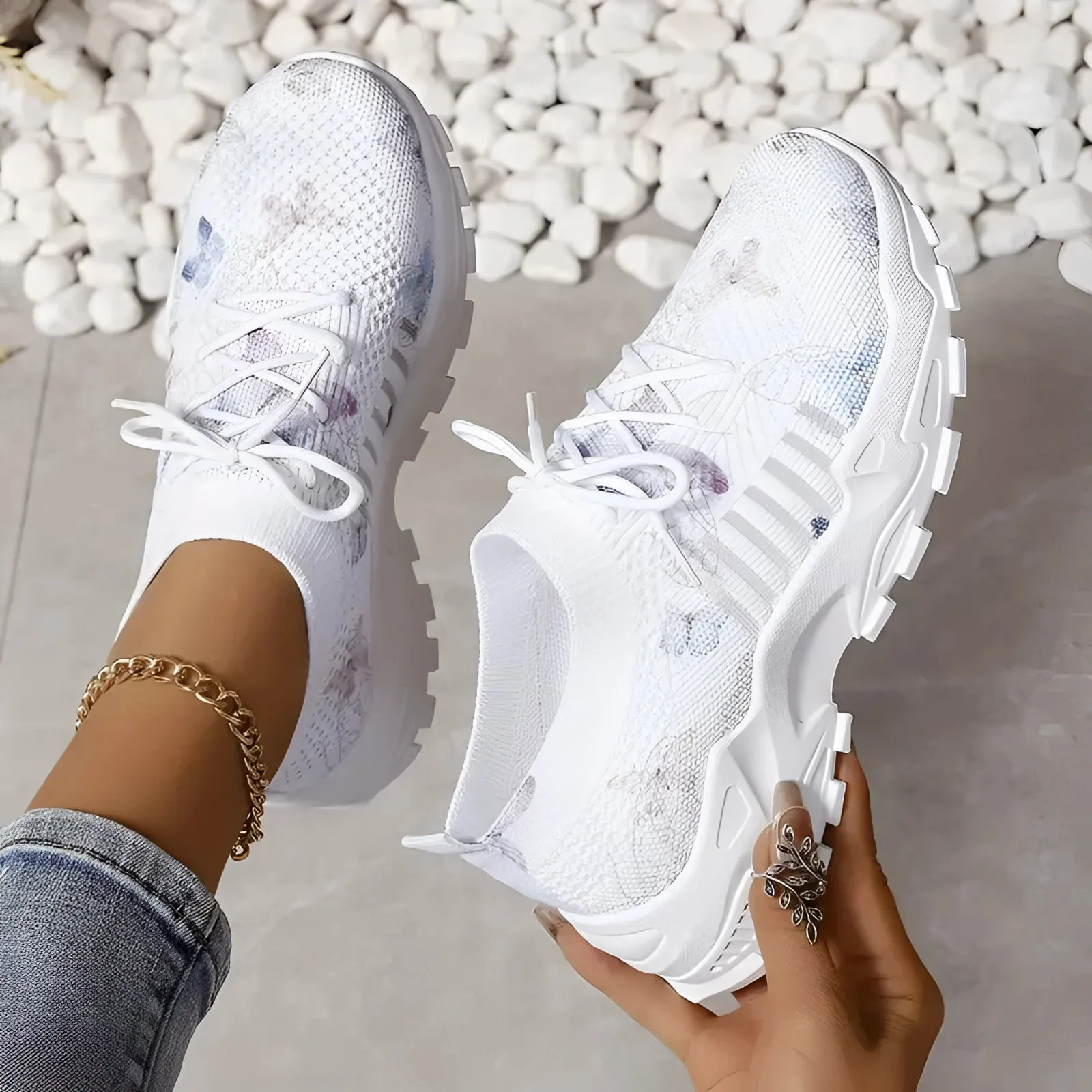 Women's Pink Floral Mesh Running Shoes - Lightweight Breathable Sneakers