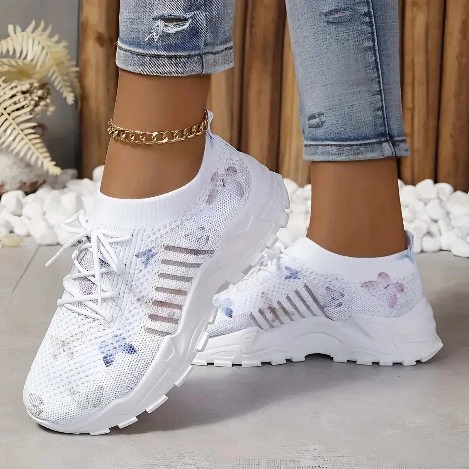 Women's Pink Floral Mesh Running Shoes - Lightweight Breathable Sneakers