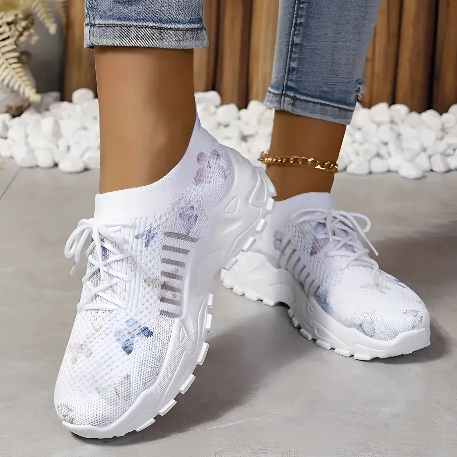 Women's Pink Floral Mesh Running Shoes - Lightweight Breathable Sneakers
