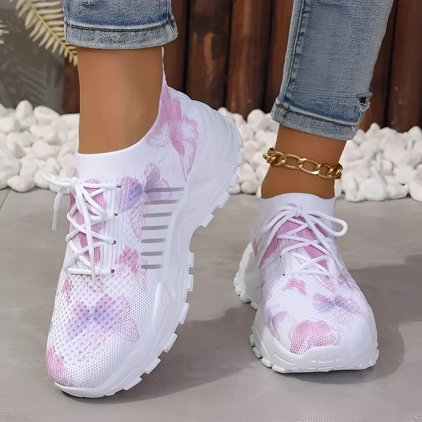 Women's Pink Floral Mesh Running Shoes - Lightweight Breathable Sneakers