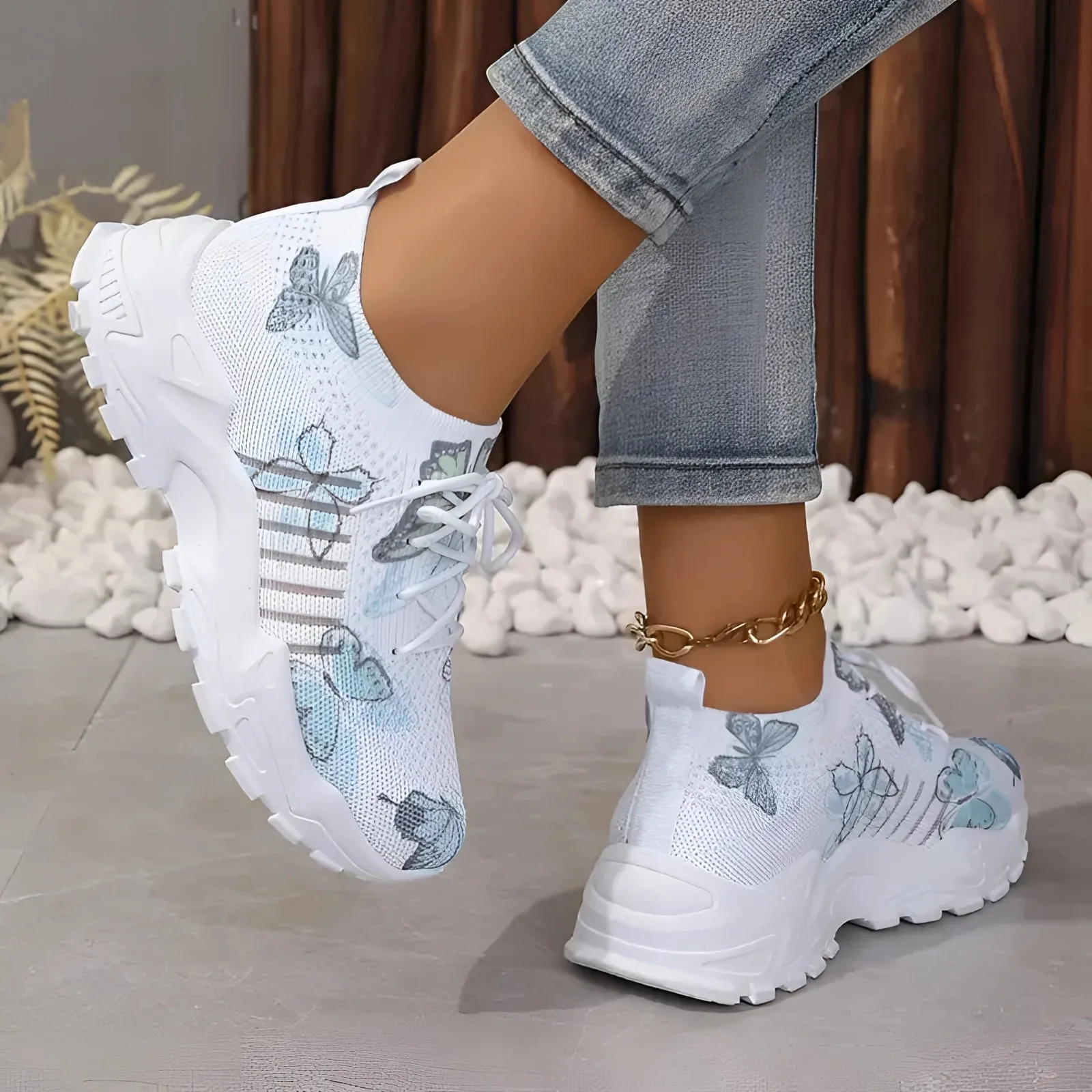 Women's Pink Floral Mesh Running Shoes - Lightweight Breathable Sneakers