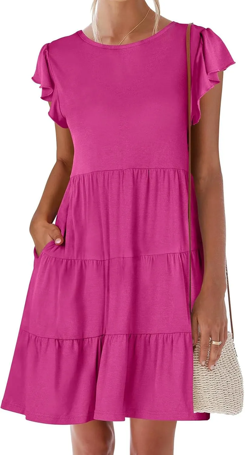 Women's Short Sleeve Casual Sundresses Simple Solid Color Summer Dresses Fit and Flare Beach Dress with Pockets