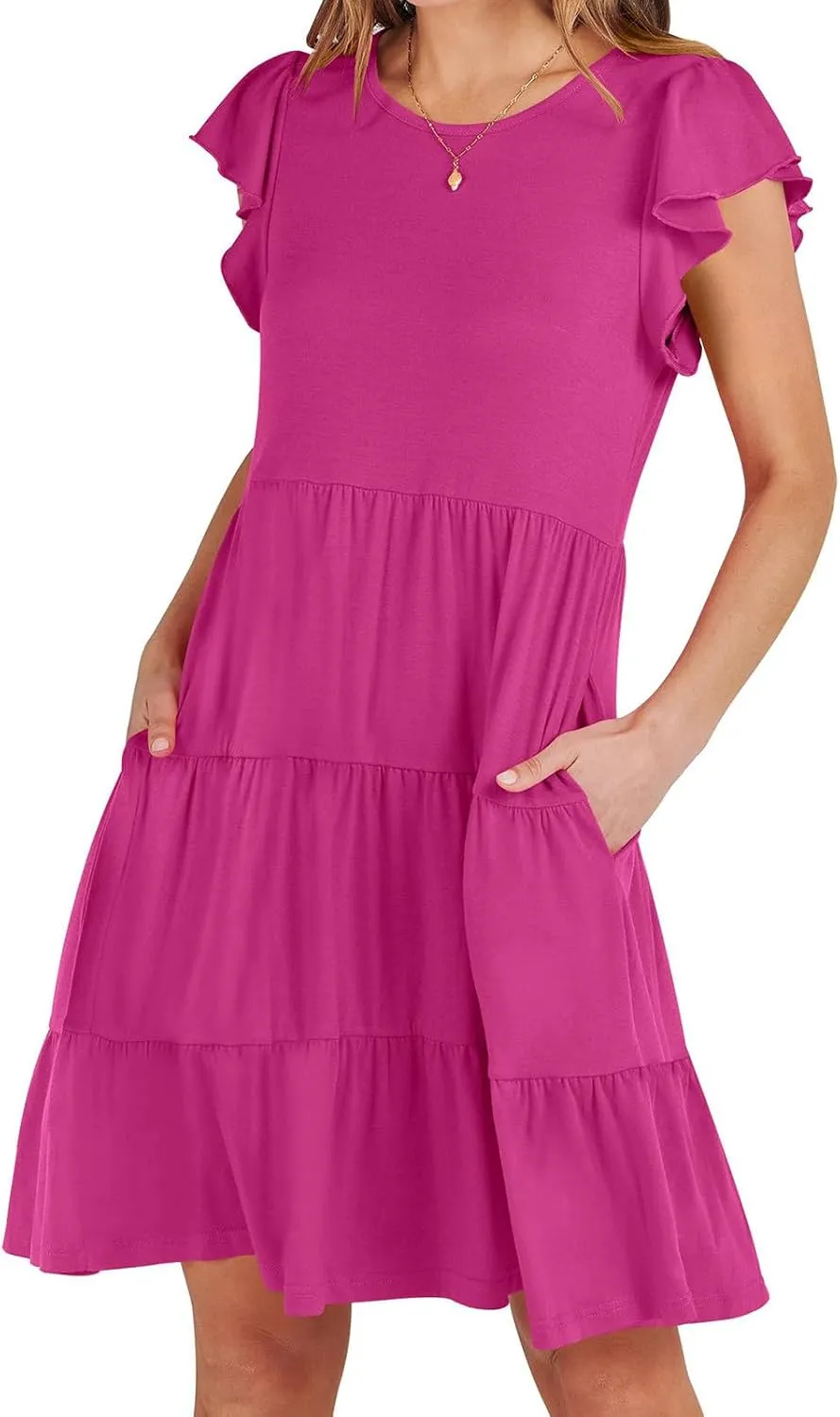 Women's Short Sleeve Casual Sundresses Simple Solid Color Summer Dresses Fit and Flare Beach Dress with Pockets