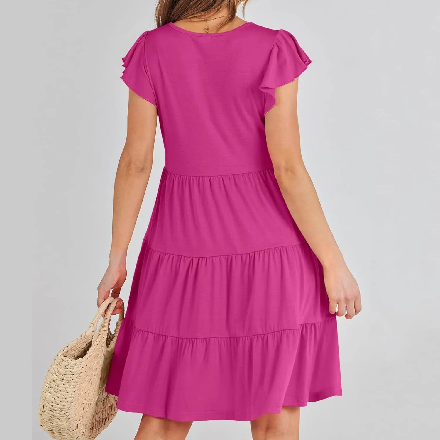 Women's Short Sleeve Casual Sundresses Simple Solid Color Summer Dresses Fit and Flare Beach Dress with Pockets