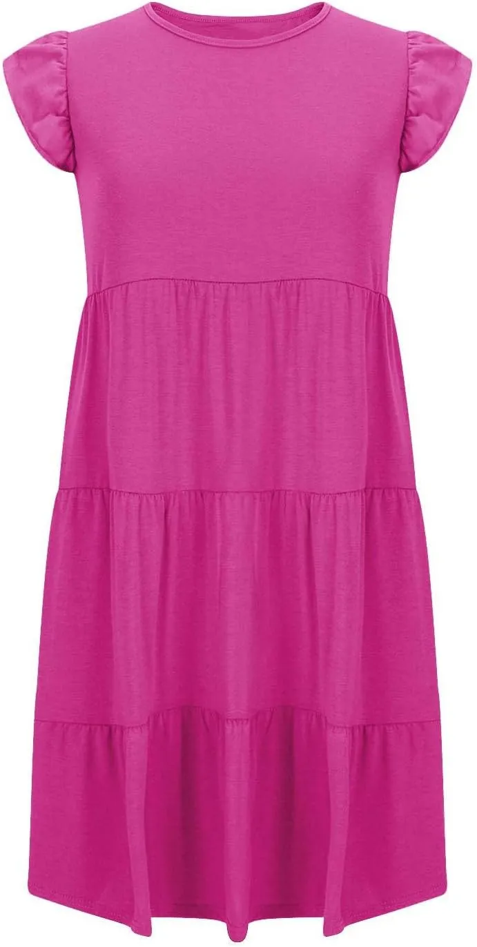 Women's Short Sleeve Casual Sundresses Simple Solid Color Summer Dresses Fit and Flare Beach Dress with Pockets