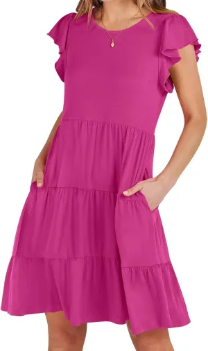 Women's Short Sleeve Casual Sundresses Simple Solid Color Summer Dresses Fit and Flare Beach Dress with Pockets