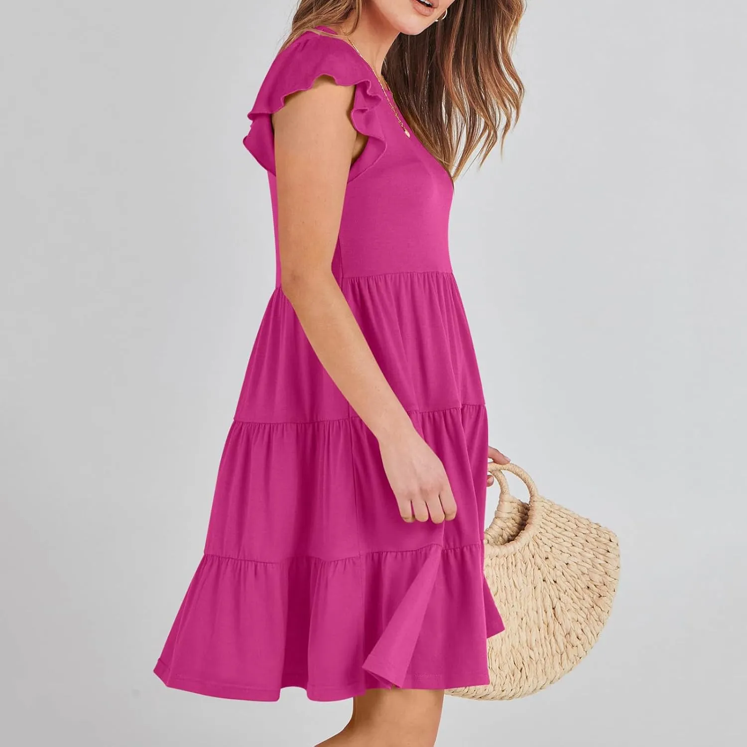 Women's Short Sleeve Casual Sundresses Simple Solid Color Summer Dresses Fit and Flare Beach Dress with Pockets