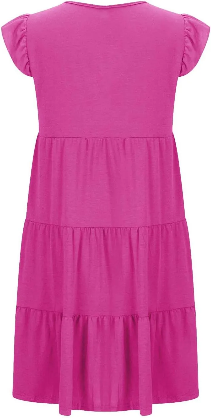 Women's Short Sleeve Casual Sundresses Simple Solid Color Summer Dresses Fit and Flare Beach Dress with Pockets
