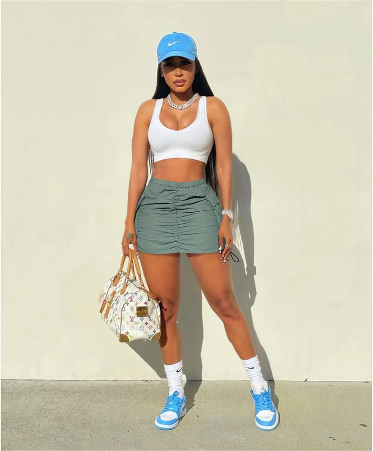 Womens Cargo Skirt Y2K - Casual Summer High Waisted Bodycon Pencil Ruched Mini Skirts Side Drawstring and Pockets