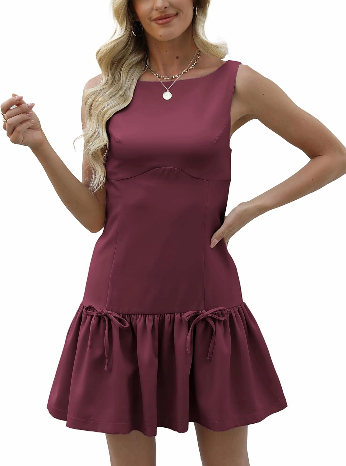 Womens Sleeveless Pleated Dress Girdling A Line Solid Color Pullover Round Neck Bow Zipper Back Mini Dress