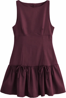 Womens Sleeveless Pleated Dress Girdling A Line Solid Color Pullover Round Neck Bow Zipper Back Mini Dress