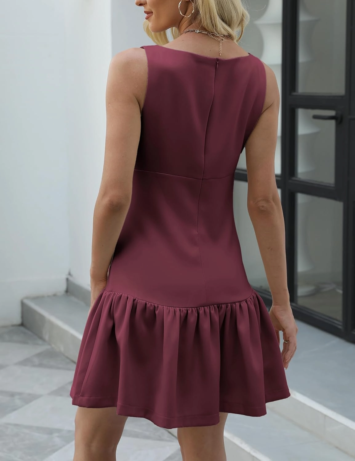 Womens Sleeveless Pleated Dress Girdling A Line Solid Color Pullover Round Neck Bow Zipper Back Mini Dress