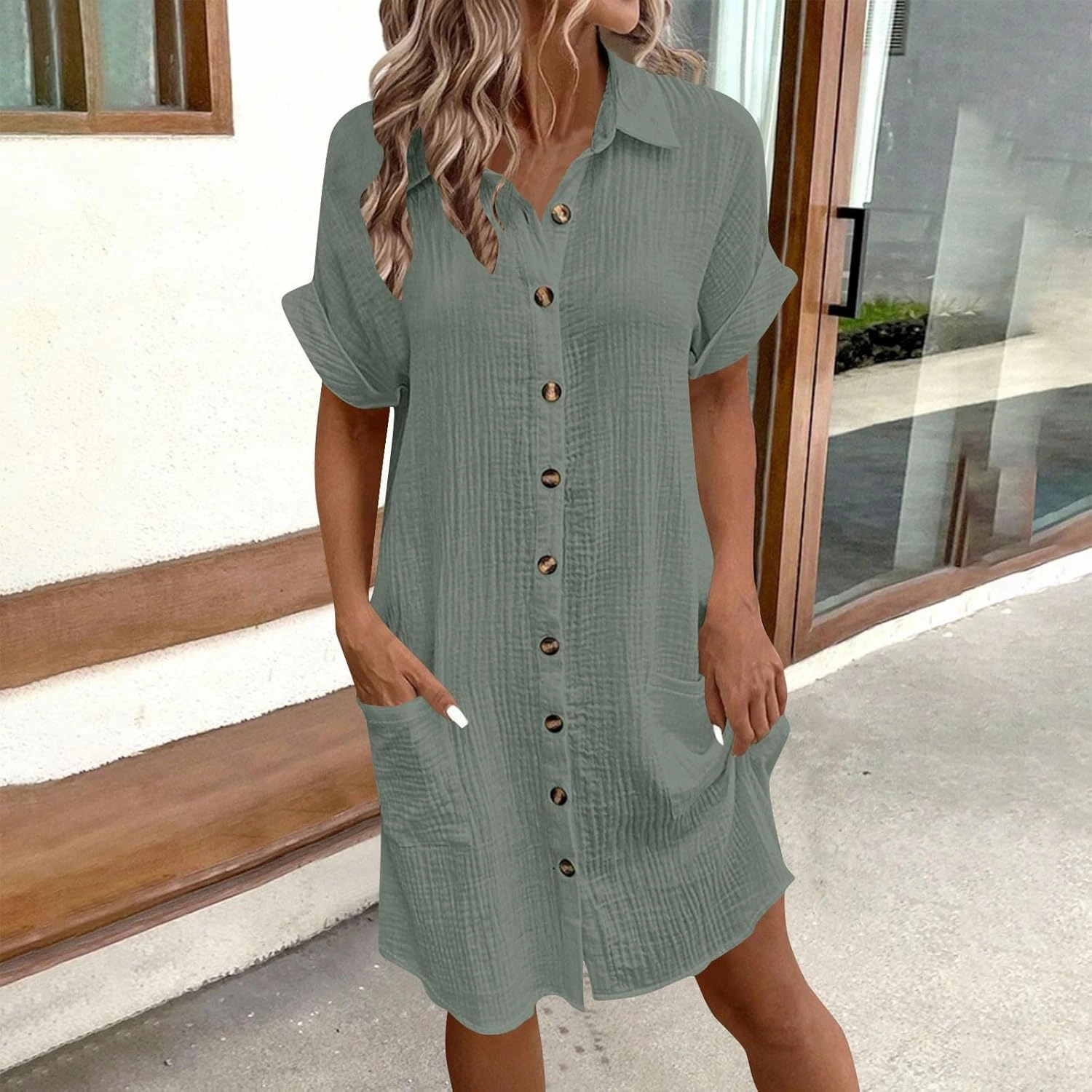 Womens Summer Dresses Casual Roll Up Short Sleeve Knee Length Cotton Linen Button Down Tunic Shirt Dress with Pockets