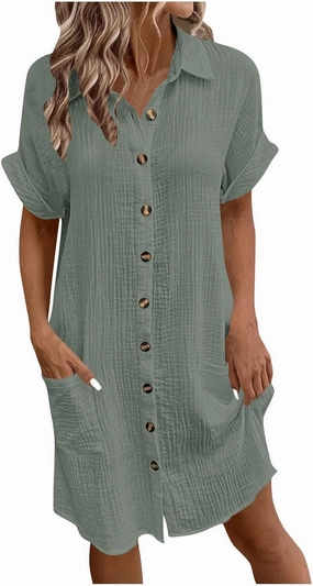Womens Summer Dresses Casual Roll Up Short Sleeve Knee Length Cotton Linen Button Down Tunic Shirt Dress with Pockets