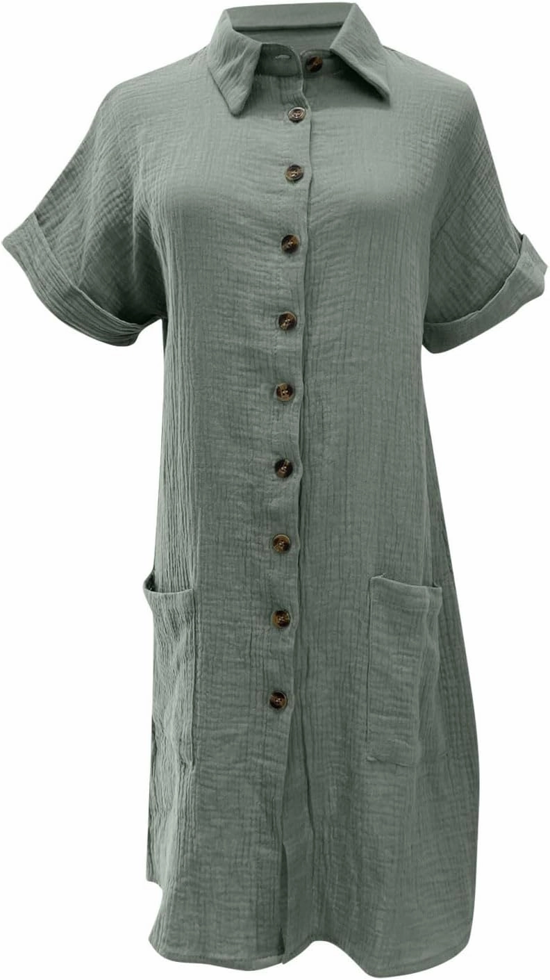 Womens Summer Dresses Casual Roll Up Short Sleeve Knee Length Cotton Linen Button Down Tunic Shirt Dress with Pockets