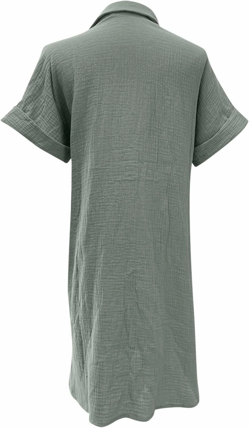 Womens Summer Dresses Casual Roll Up Short Sleeve Knee Length Cotton Linen Button Down Tunic Shirt Dress with Pockets