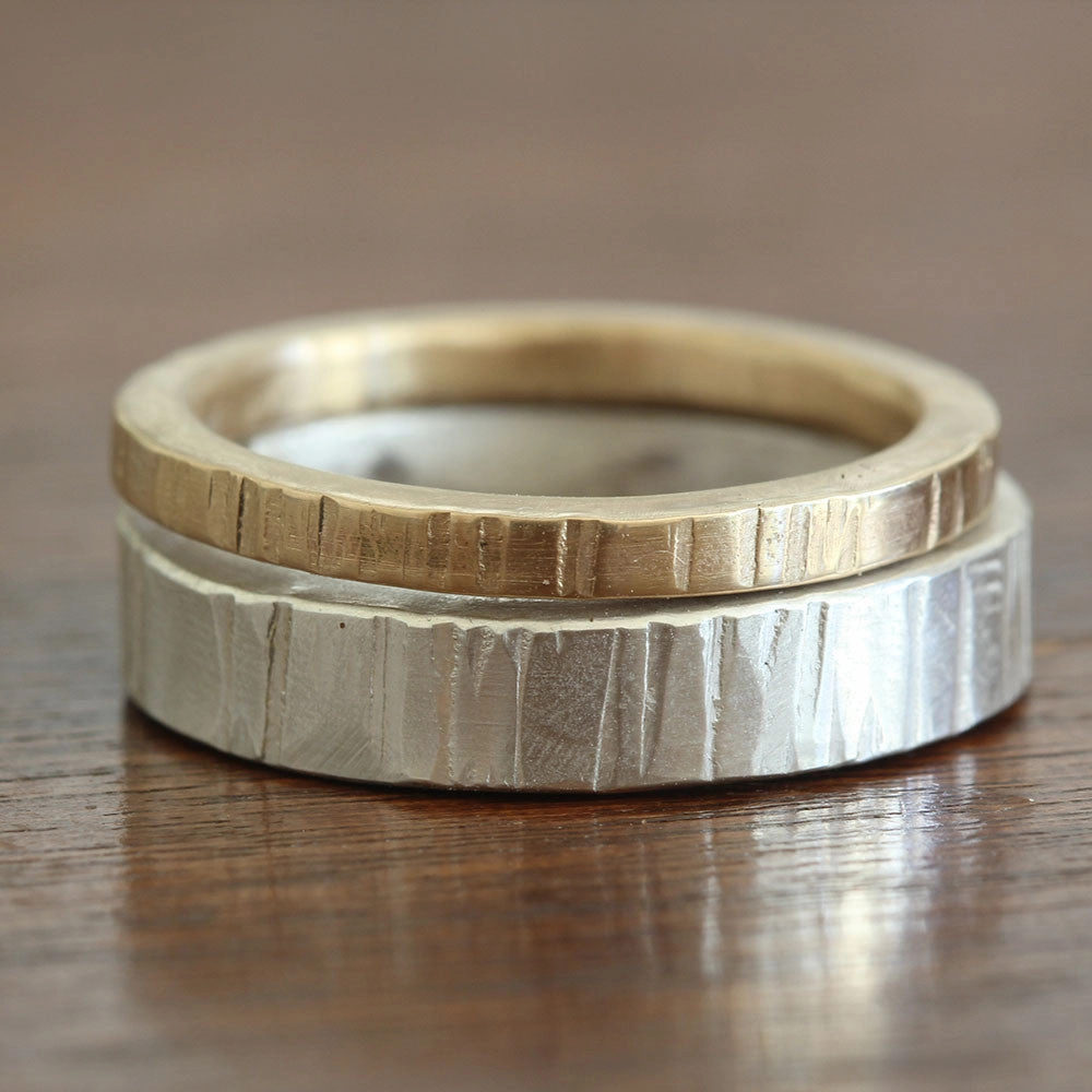 Wood Grain stacking ring set sterling silver and gold