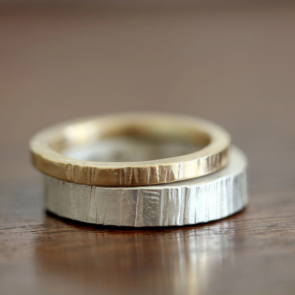 Wood Grain stacking ring set sterling silver and gold
