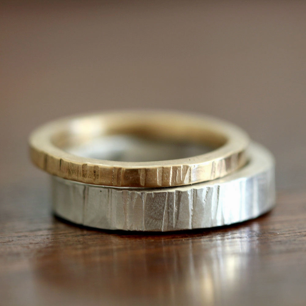 Wood Grain stacking ring set sterling silver and gold