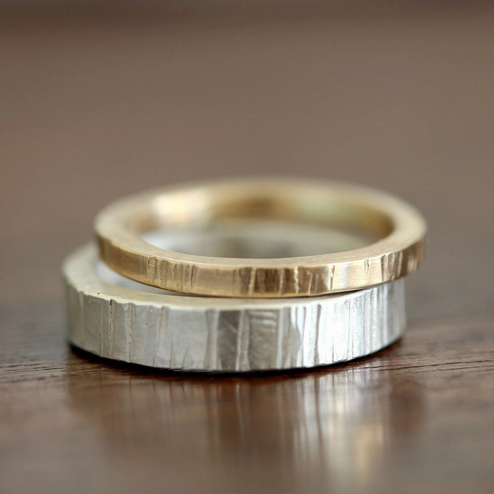 Wood Grain stacking ring set sterling silver and gold